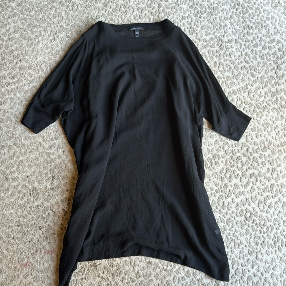 Eileen Fisher 100% Silk Sheer Black Mini Dress with Slip Dress, size petite L